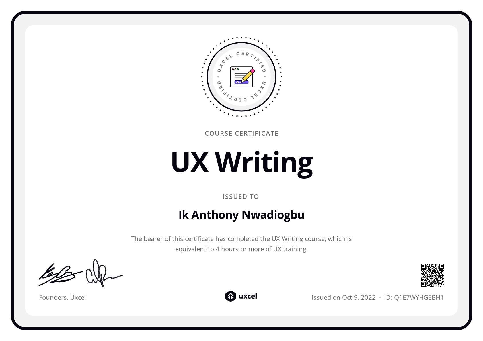 Anthony Chukwu's certificate